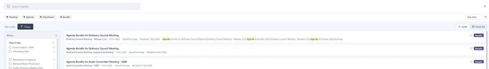 Apollo search with result types Meeting, Agenda, Attachment and Bundle, a refine panel with report type filters, and results such as Agenda Bundle for Ordinary Council Meeting.