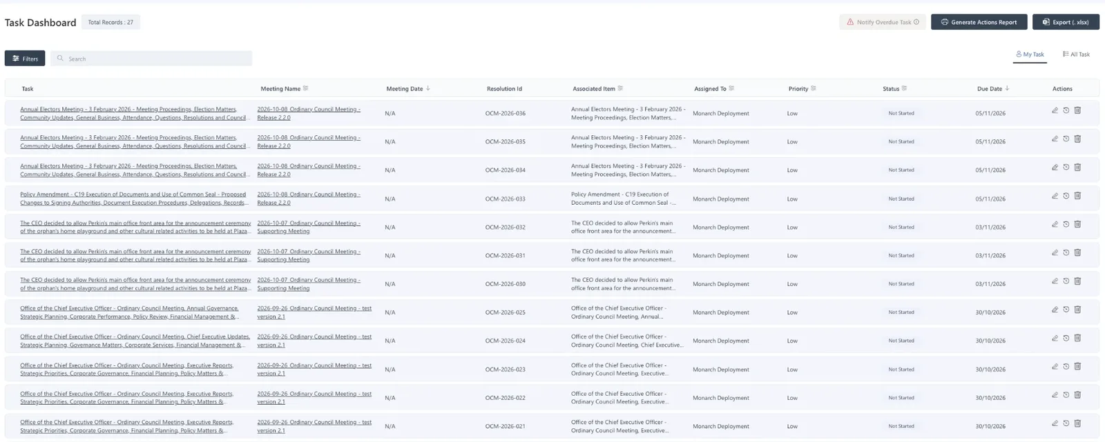 The Apollo Task Dashboard listing tasks with meeting name, meeting date, resolution ID, associated item, assignee, priority, status and due date, with Notify Overdue Task, Generate Actions Report and Export buttons.