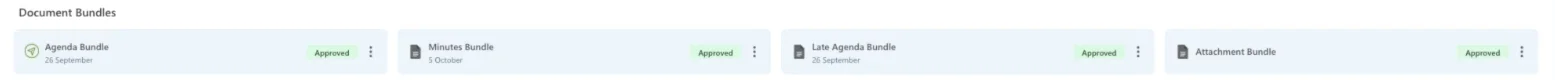 Four Apollo document bundles, Agenda Bundle, Minutes Bundle, Late Agenda Bundle and Attachment Bundle, each marked Approved.