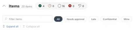 The Apollo items list header showing 20 items with status counts and filters for All, Needs approval, Late, Confidential and Mine.